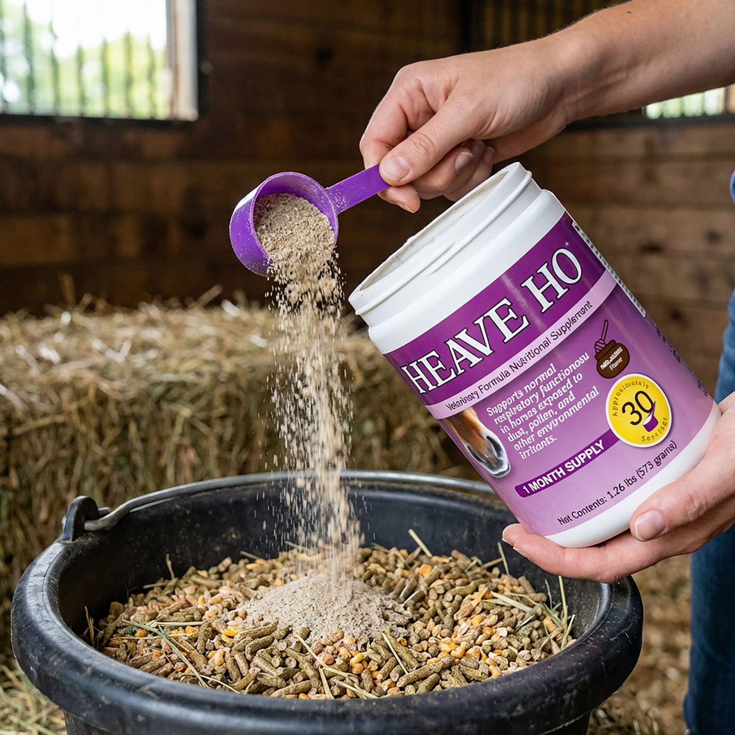 Heave Ho™,"Purple scoop pouring powder from white tub into horse feed"