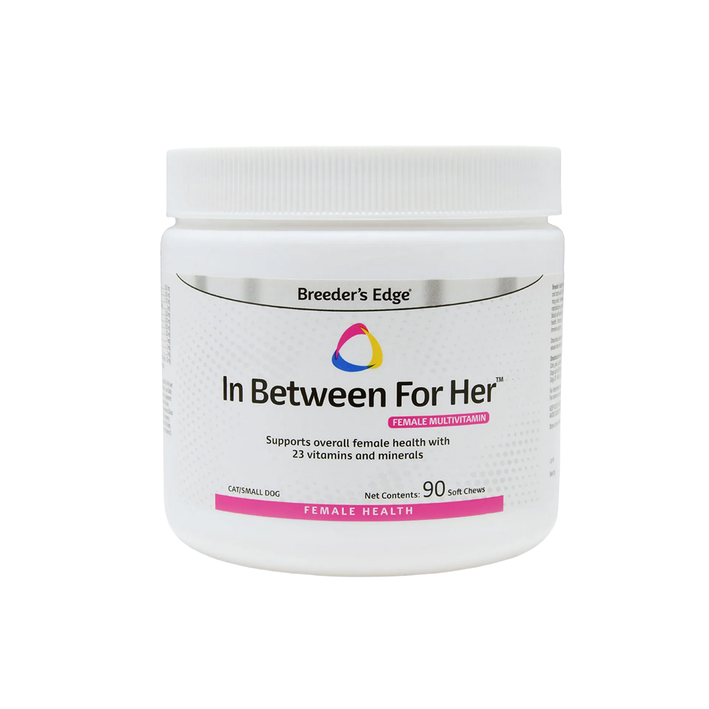 Breeder's Edge® Her Edge,"White supplement jar with ribbed white lid and pink label accents"