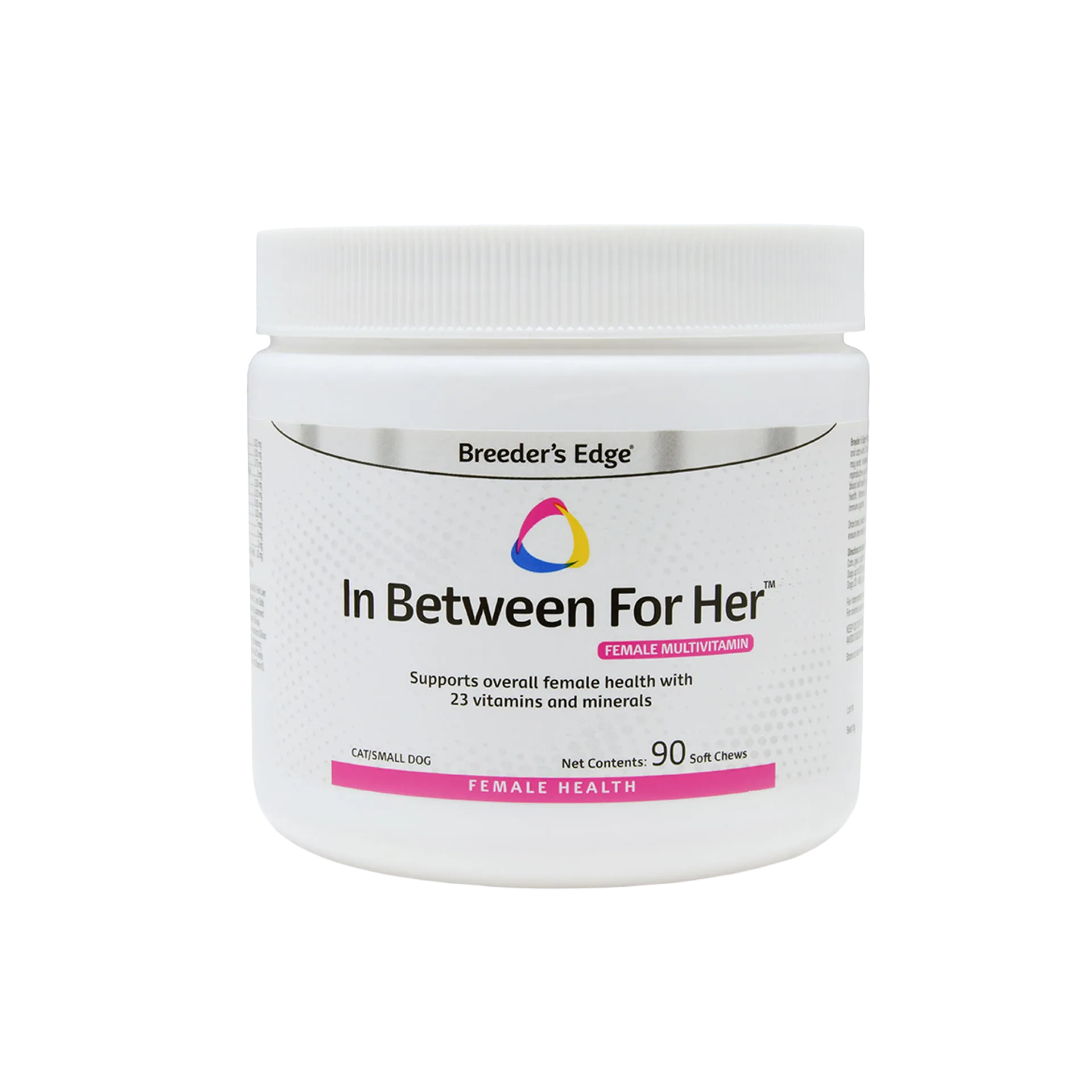 Breeder's Edge® Her Edge,"White supplement jar with ribbed white lid and pink label accents"