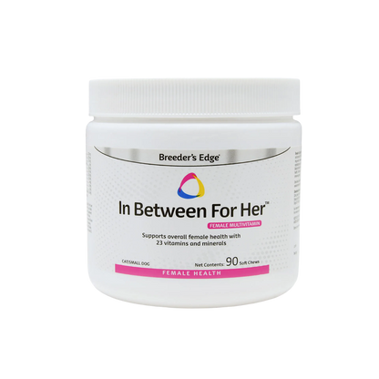 Breeder's Edge® Her Edge,"White supplement jar with ribbed white lid and pink label accents"