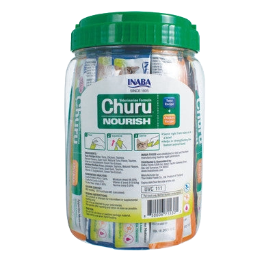 Inaba® Churu® Cat Treats,"Clear plastic jar with green lid holding treat tubes"