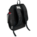 Drop Bottom Week Away Backpack,"Back view of black backpack with padded straps and side mesh pocket"