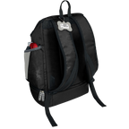 Drop Bottom Week Away Backpack,"Back view of black backpack with padded straps and side mesh pocket"