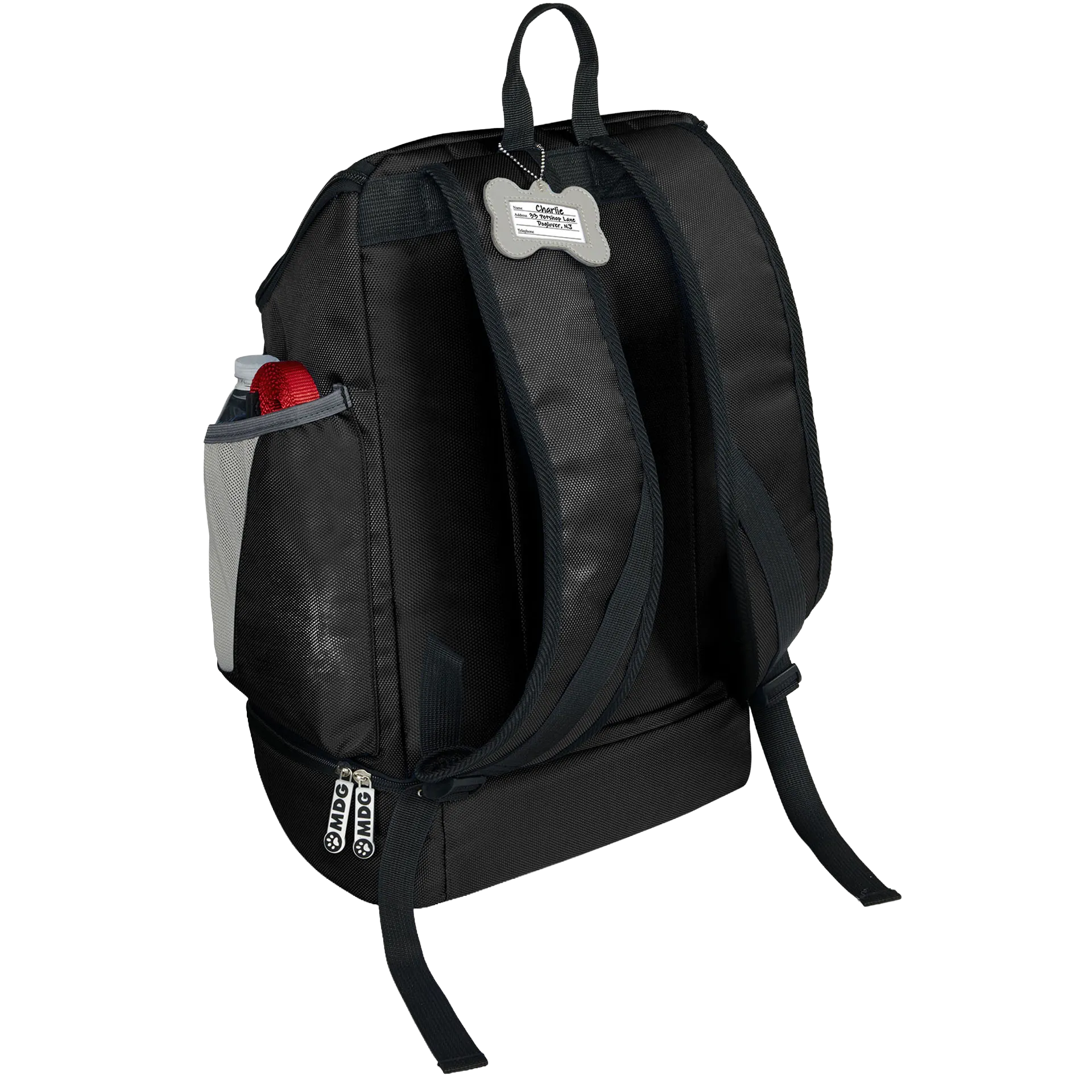 Drop Bottom Week Away Backpack,"Back view of black backpack with padded straps and side mesh pocket"