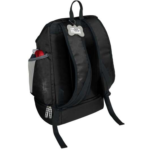 Drop Bottom Week Away Backpack,"Back view of black backpack with padded straps and side mesh pocket"