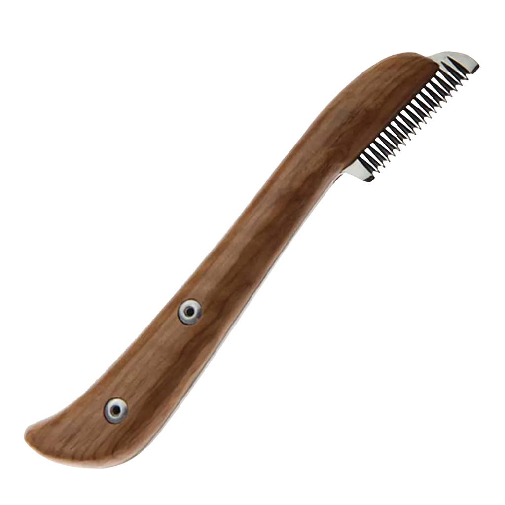 Aaronco Medium Stripping Knife,"Wood-handled stripping knife with metal comb teeth"