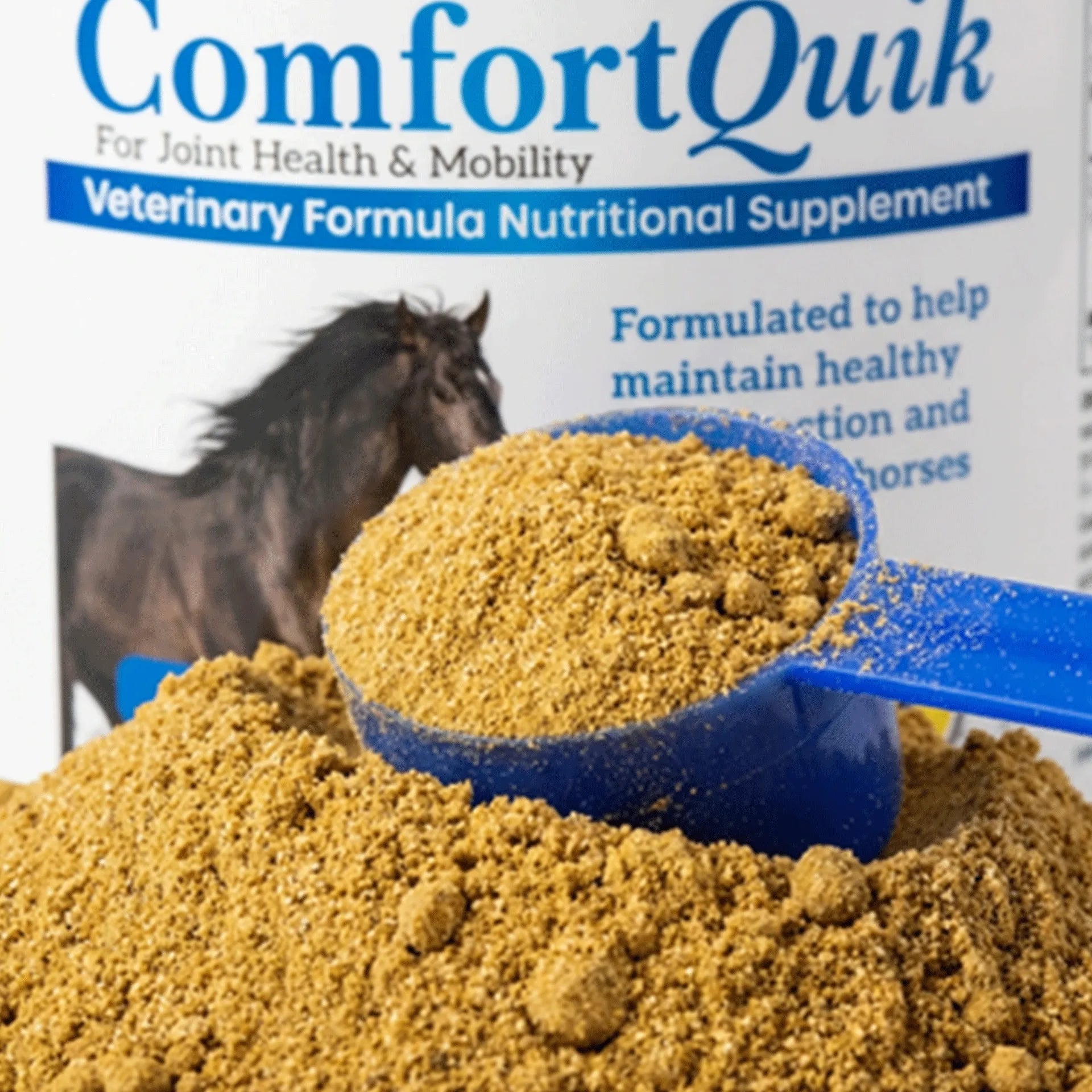 Comfort Quik™ Original,"Blue scoop with tan powder in front of package"