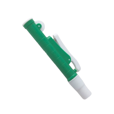 Pipette Pump,"Green pipette pump with white nozzle and side wheel"