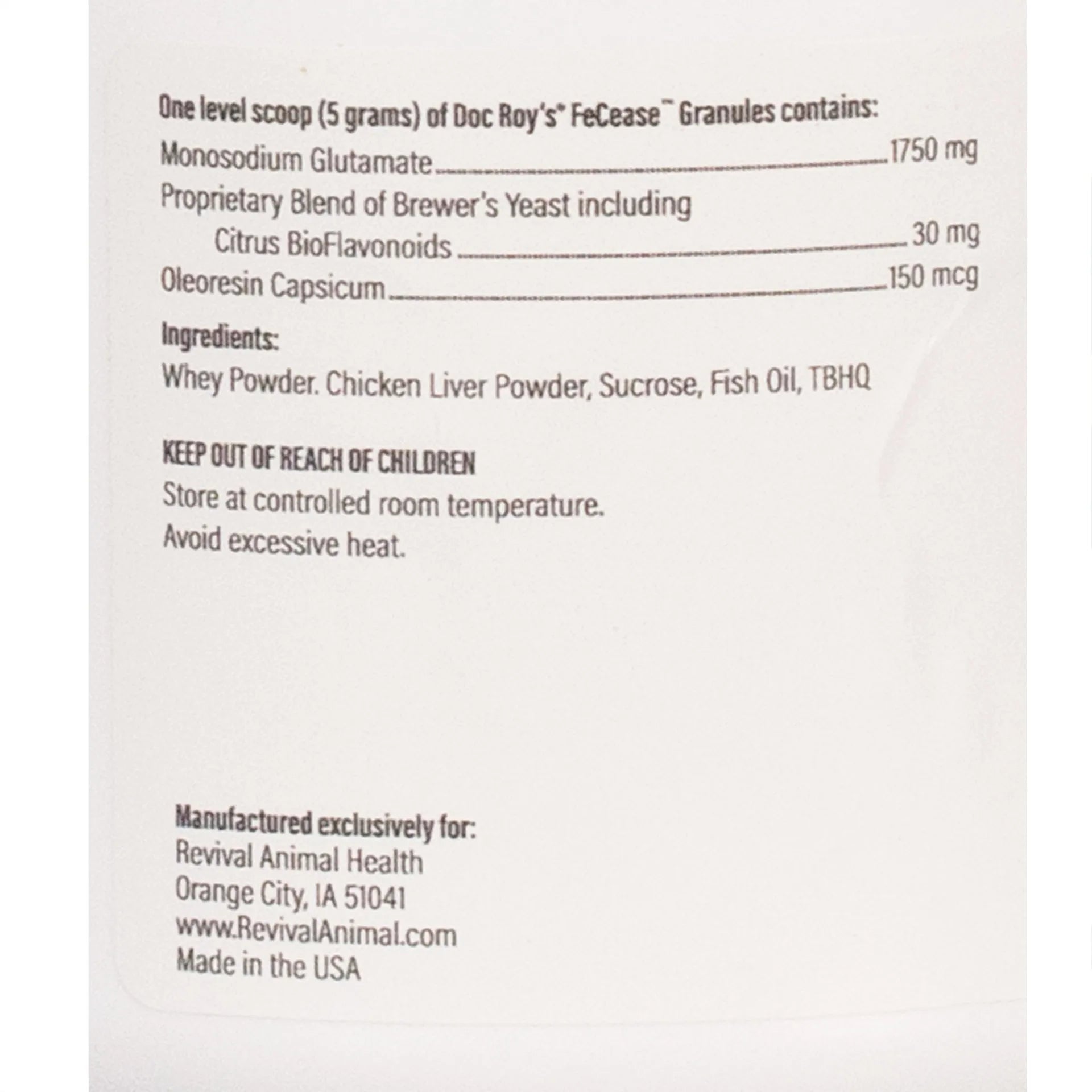 Doc Roy's® FeCease™,"Back label view of product packaging"