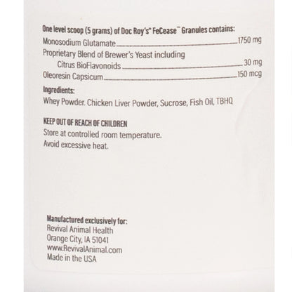 Doc Roy's® FeCease™,"Back label view of product packaging"
