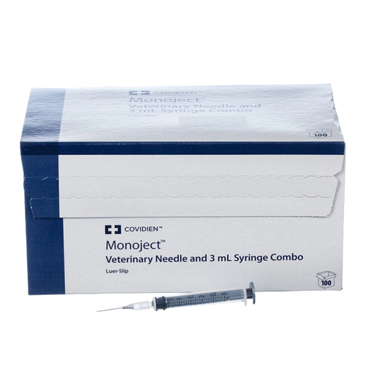 3cc MonoJect™ Syringes with 22 gauge Needles,"Single syringe with attached needle in box"