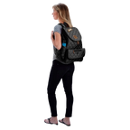 Weekender Backpack,"Woman wearing quilted backpack with front zip pocket"