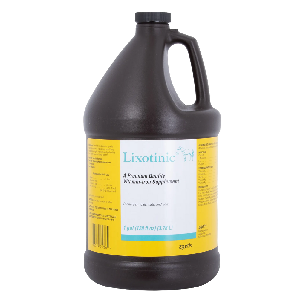 "Lixotinic® for Dogs, Horses, and Cats","Dark plastic gallon bottle with handle and yellow wrap label"