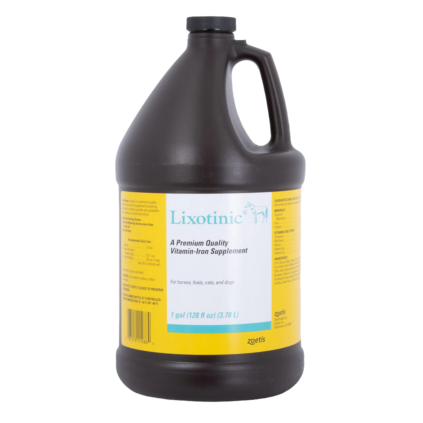 "Lixotinic® for Dogs, Horses, and Cats","Dark plastic gallon bottle with handle and yellow wrap label"