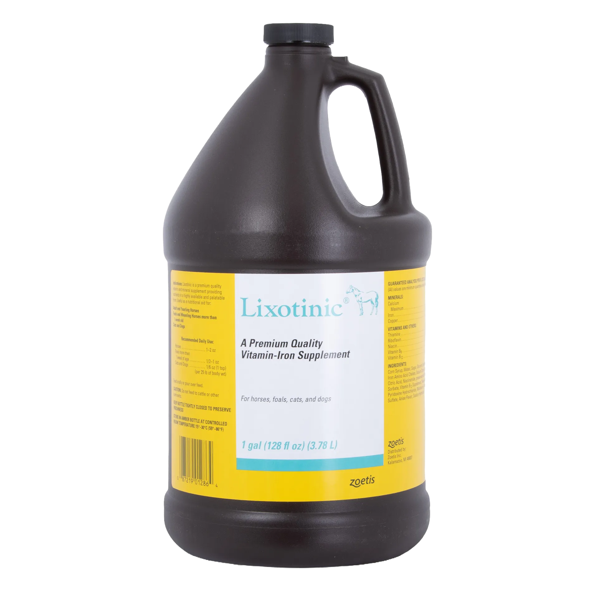 "Lixotinic® for Dogs, Horses, and Cats","Dark plastic gallon bottle with handle and yellow wrap label"