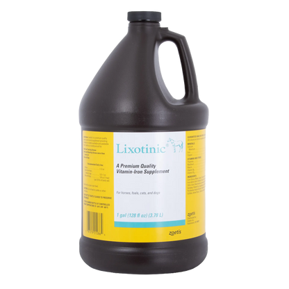 "Lixotinic® for Dogs, Horses, and Cats","Dark plastic gallon bottle with handle and yellow wrap label"