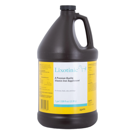 "Lixotinic® for Dogs, Horses, and Cats","Dark plastic gallon bottle with handle and yellow wrap label"