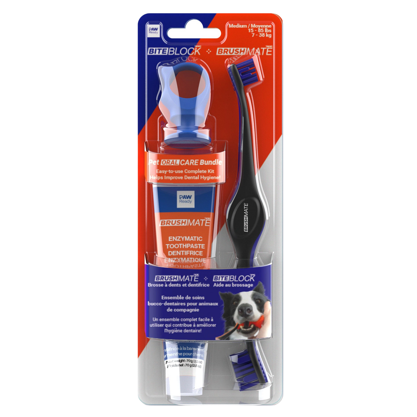 Paw Ready Oral Care Bundle,"Dog toothbrush, toothpaste tube, and bite block in blister pack"