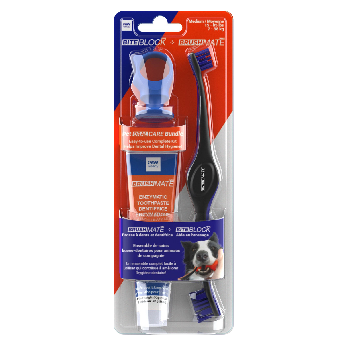 Paw Ready Oral Care Bundle,"Dog toothbrush, toothpaste tube, and bite block in blister pack"