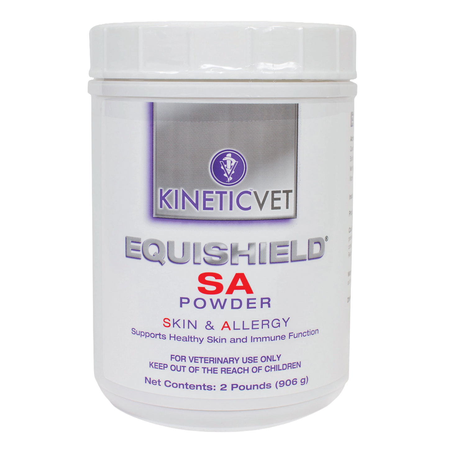 EquiShield® SA (Skin & Allergy),"White plastic powder tub with screw-top lid, front label view"
