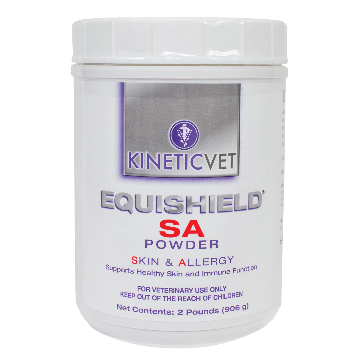EquiShield® SA (Skin & Allergy),"White plastic powder tub with screw-top lid, front label view"