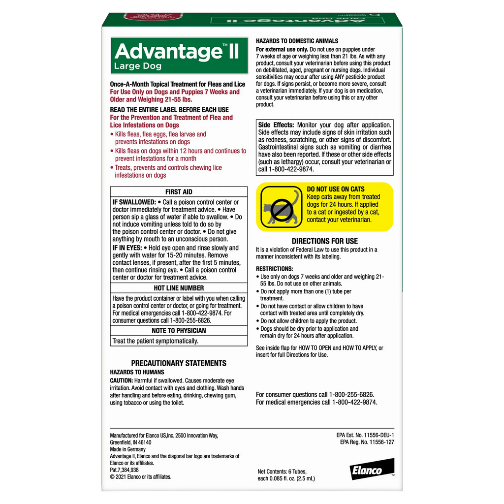 Advantage™ II for Dogs,"Back of flea treatment box with usage instructions"