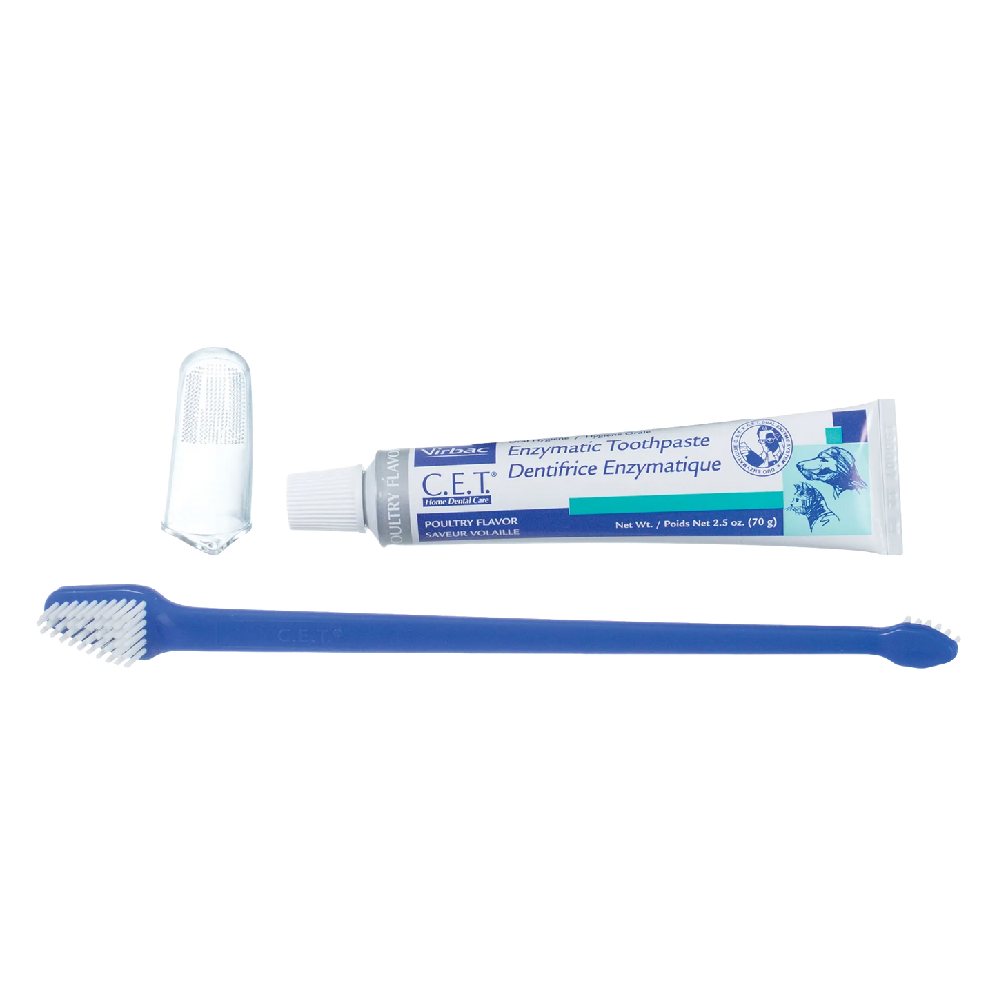 C.E.T.® Toothbrush Kit,"Blue toothbrush with toothpaste tube and clear finger brush"