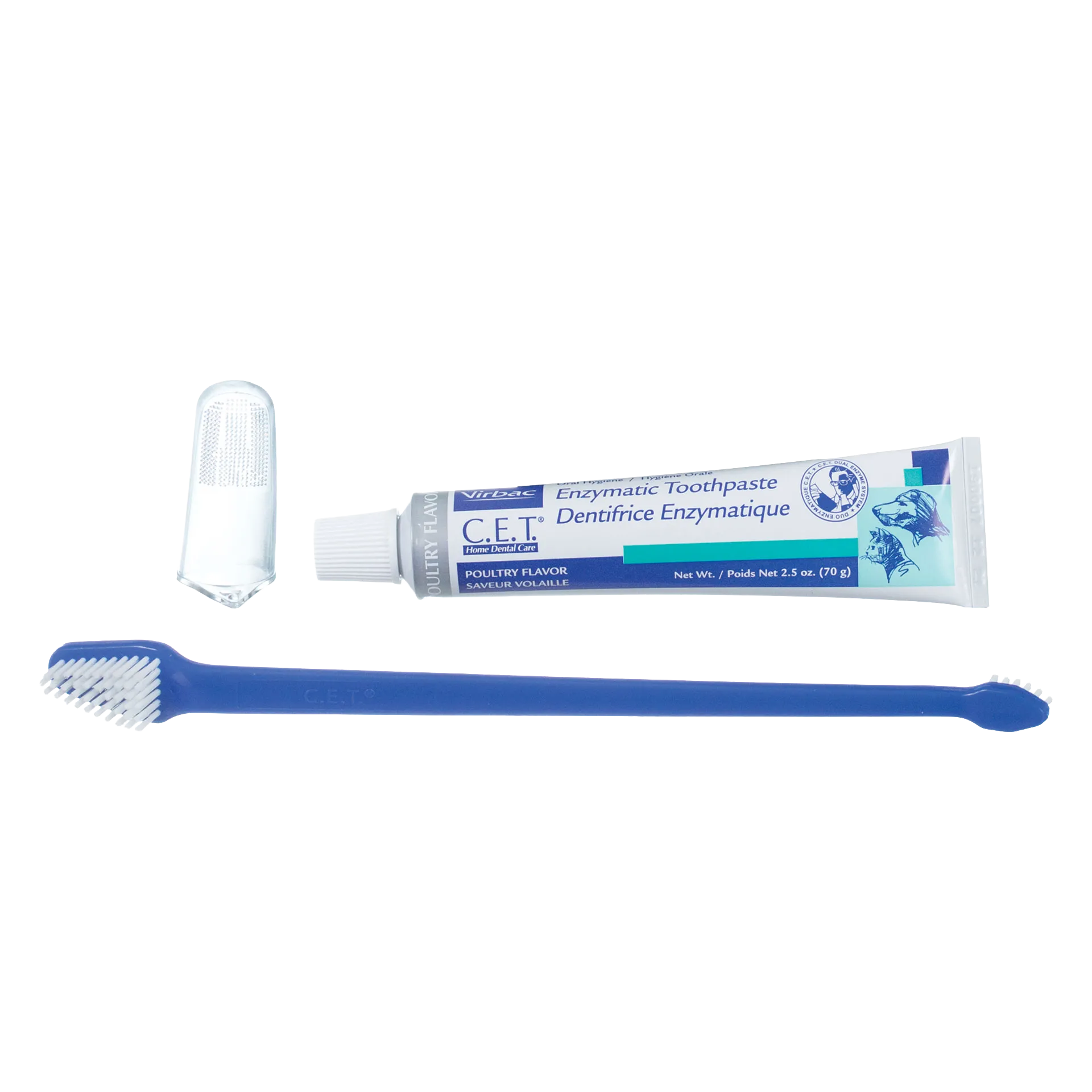 C.E.T.® Toothbrush Kit,"Blue toothbrush with toothpaste tube and clear finger brush"