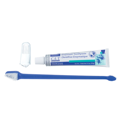 C.E.T.® Toothbrush Kit,"Blue toothbrush with toothpaste tube and clear finger brush"