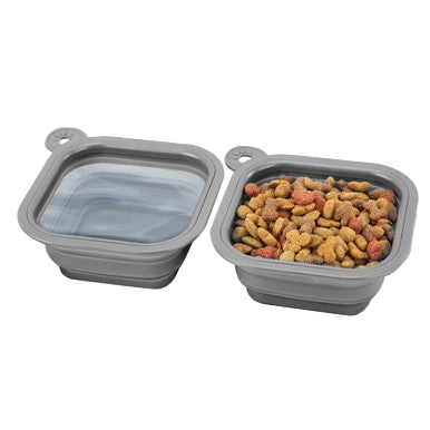 Replacement Collapsible Dog Bowls,"Two gray collapsible bowls, one filled with kibble"