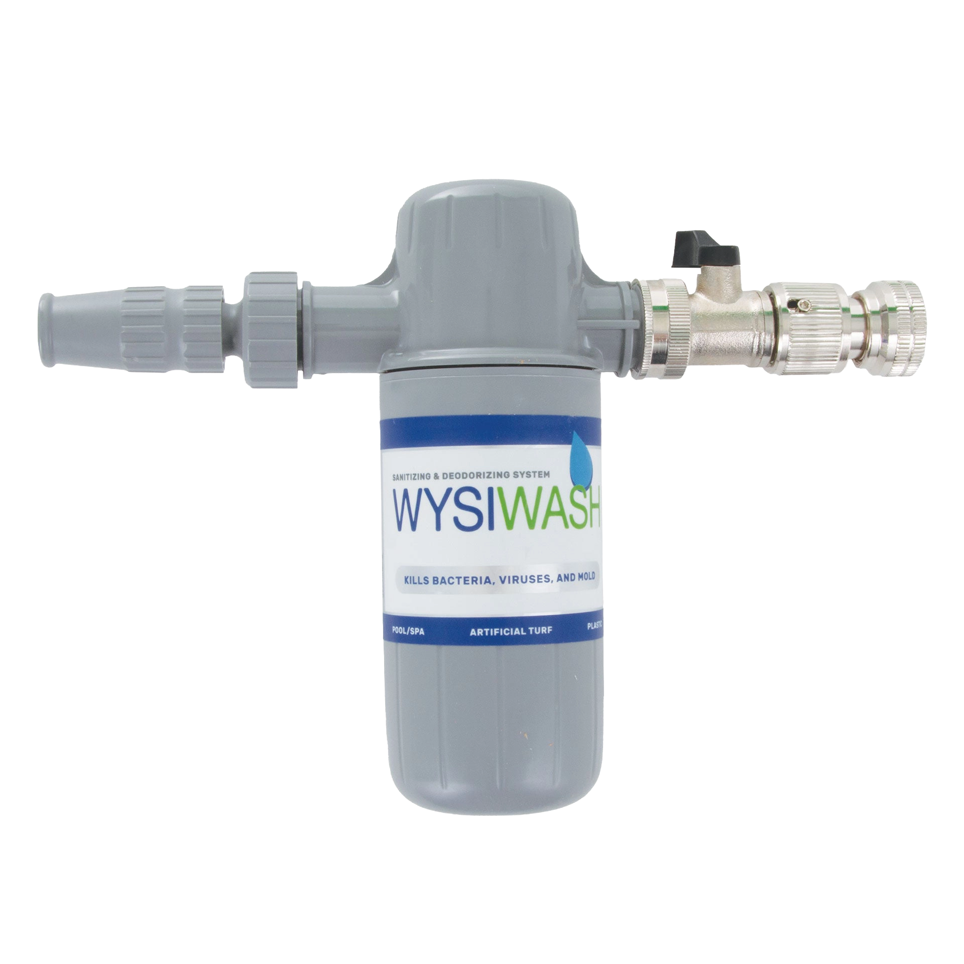 Wysiwash® Sanitizing System,"Gray hose-end canister with metal spray nozzle attachment"