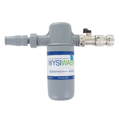 Wysiwash® Sanitizing System,"Gray hose-end canister with metal spray nozzle attachment"