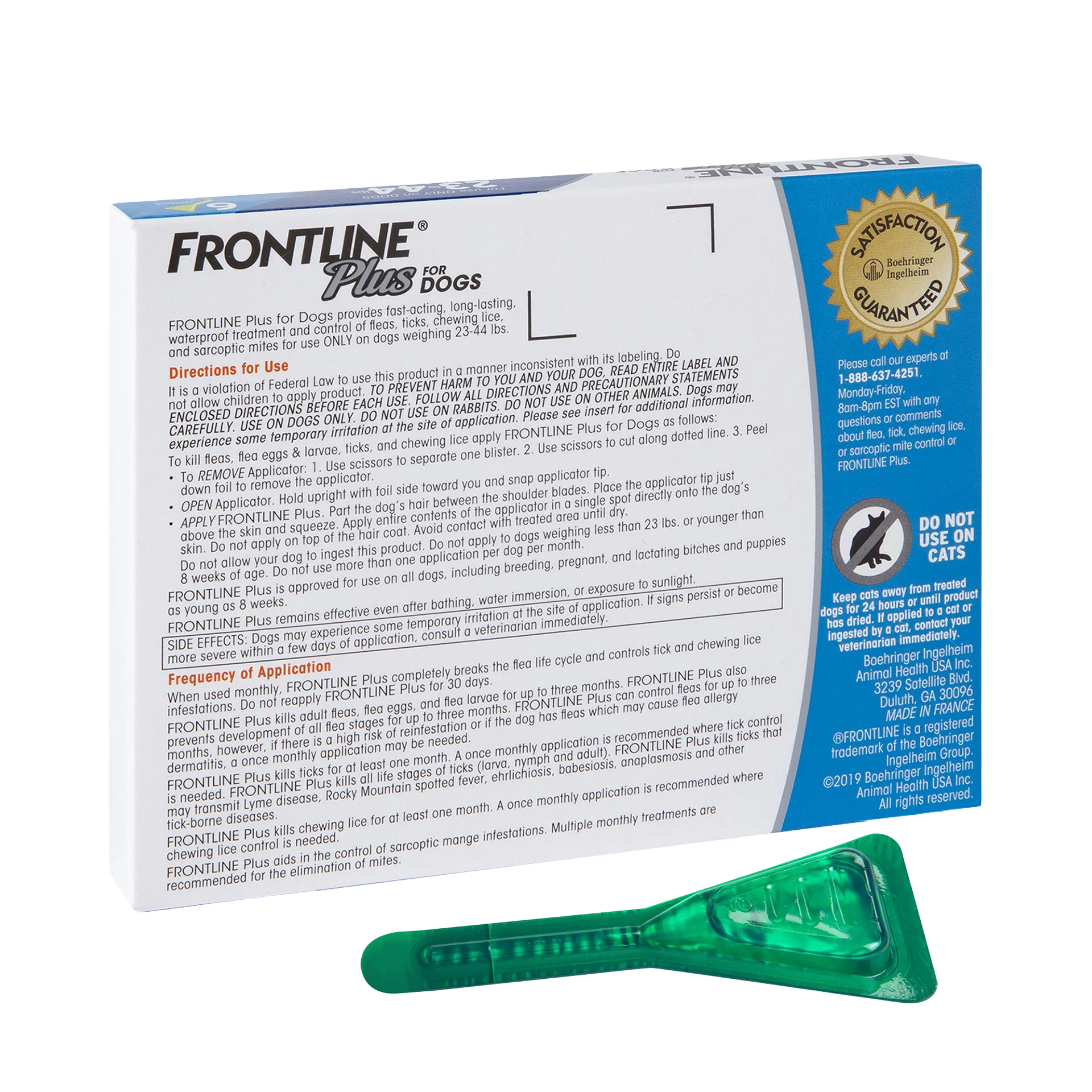Frontline® Plus for Dogs,"Back of box with green applicator pipette"