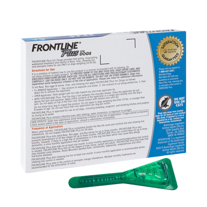 Frontline® Plus for Dogs,"Back of box with green applicator pipette"