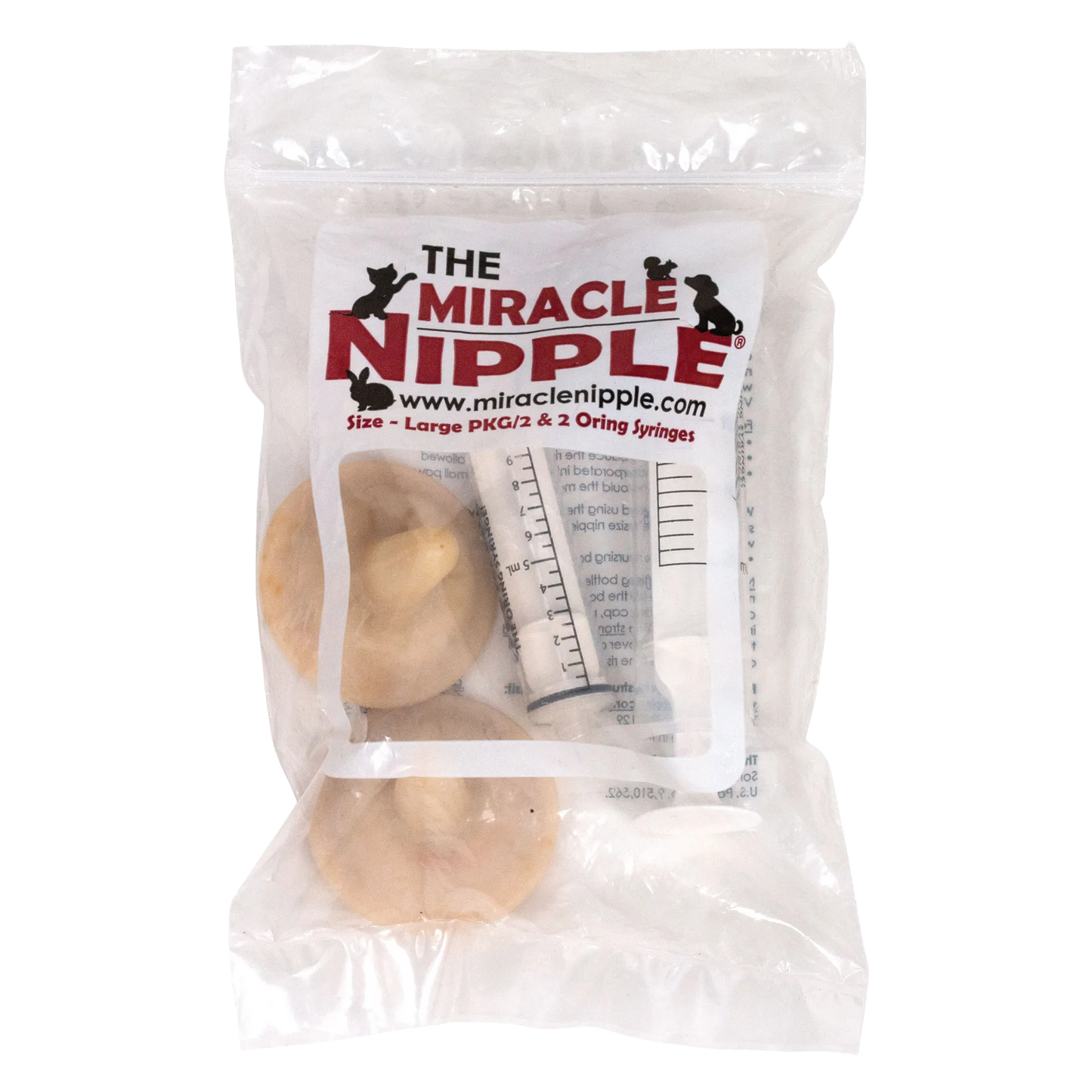 The Miracle Nipple® for Puppies,"Sealed package with beige nipples and two clear syringes"