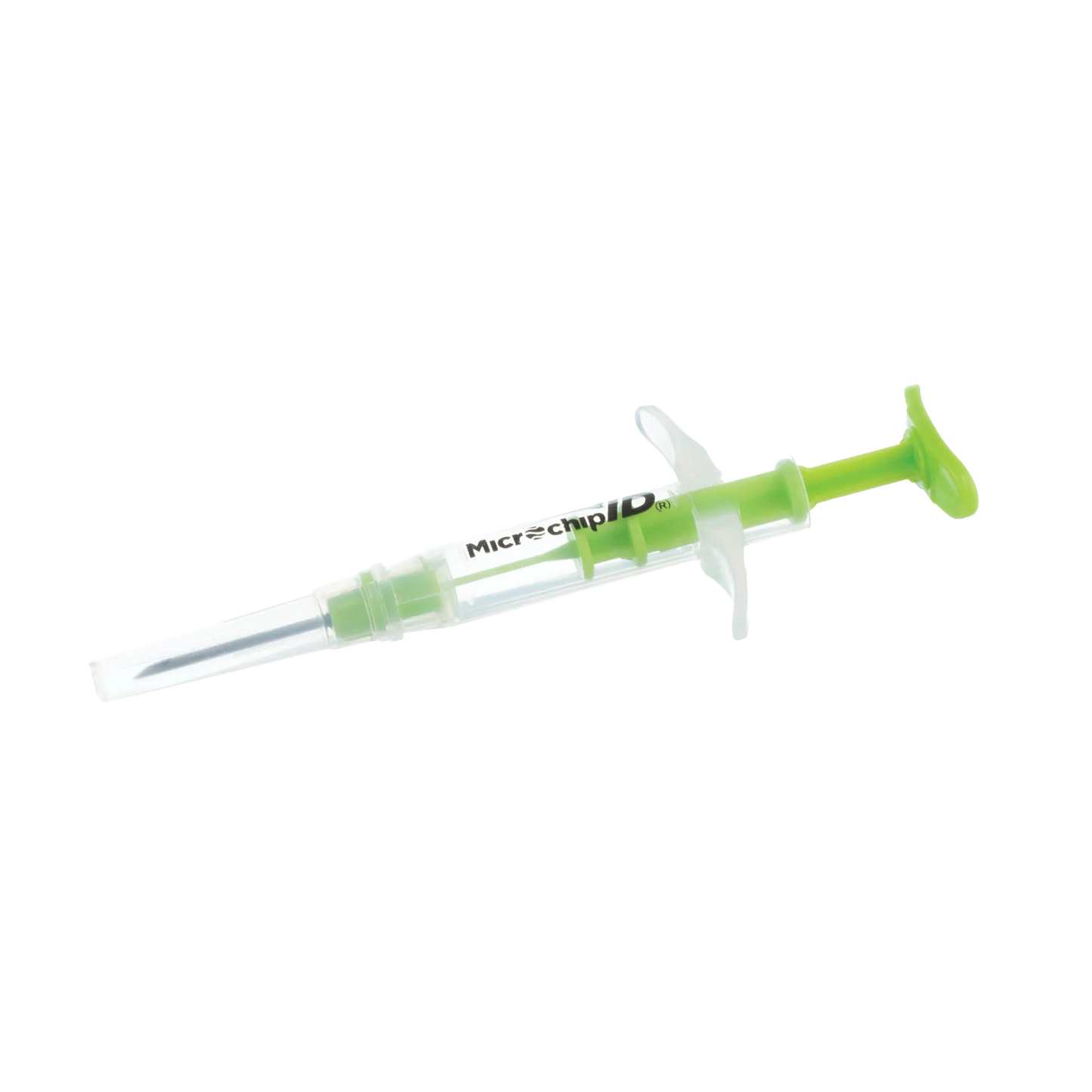The EQUINEChip™,"Clear injector syringe with green plunger and needle cover"