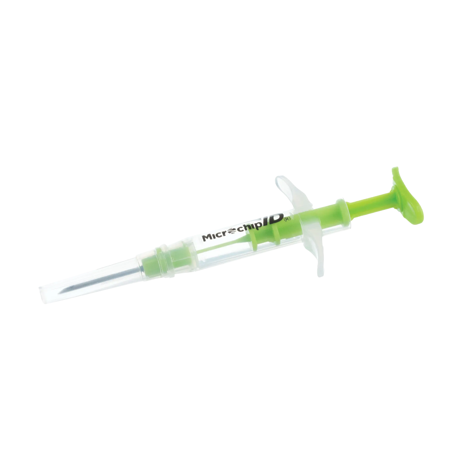 The EQUINEChip™,"Clear injector syringe with green plunger and needle cover"