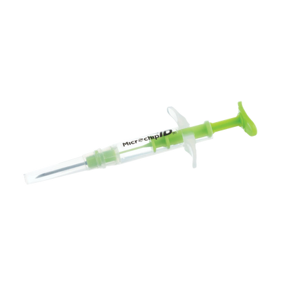 The EQUINEChip™,"Clear injector syringe with green plunger and needle cover"