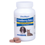Doc Roy's® Cranberry Extra™,"White supplement bottle with dog and cat label and three tablets"