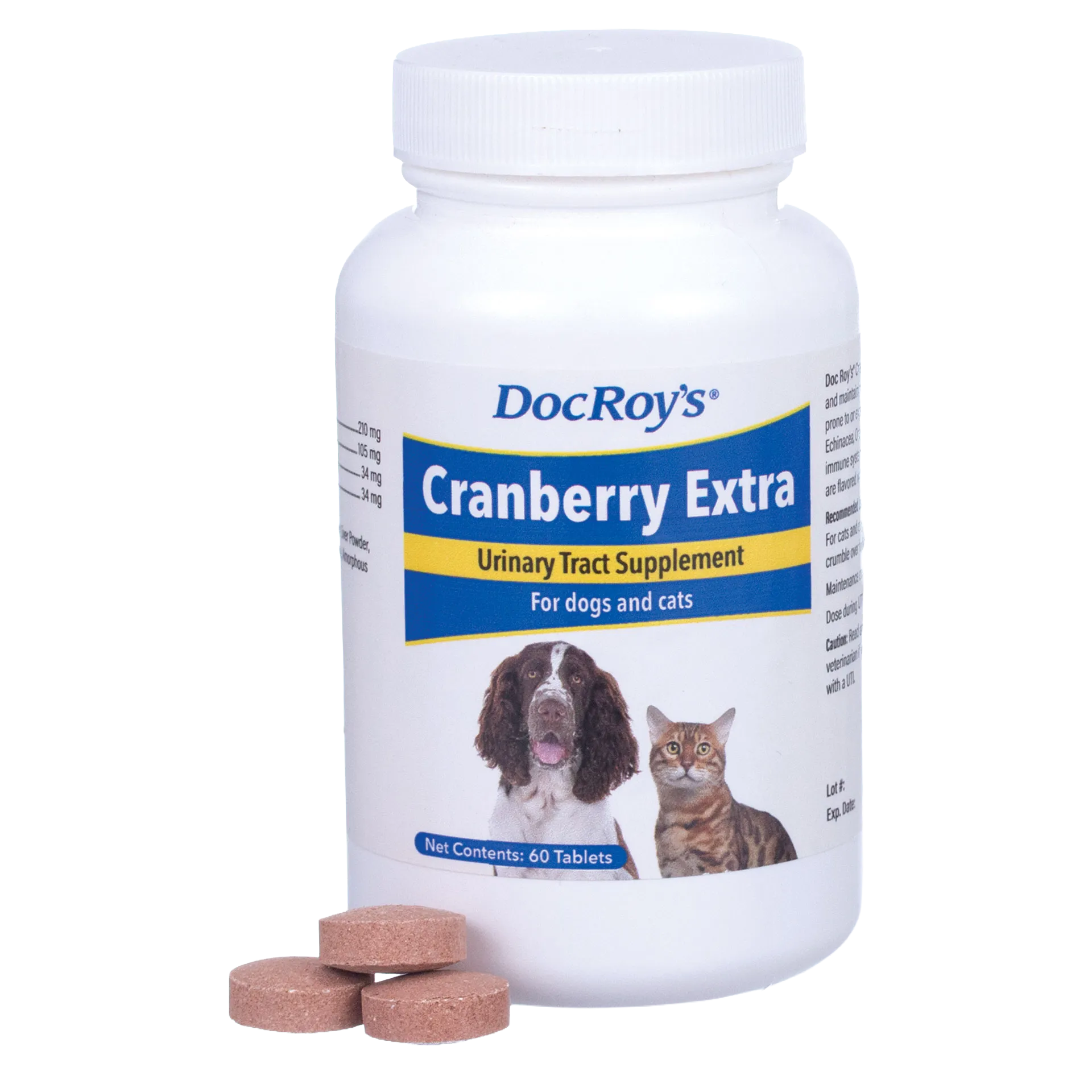 Doc Roy's® Cranberry Extra™,"White supplement bottle with dog and cat label and three tablets"