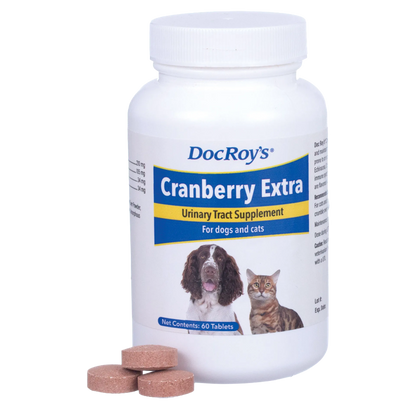 Doc Roy's® Cranberry Extra™,"White supplement bottle with dog and cat label and three tablets"