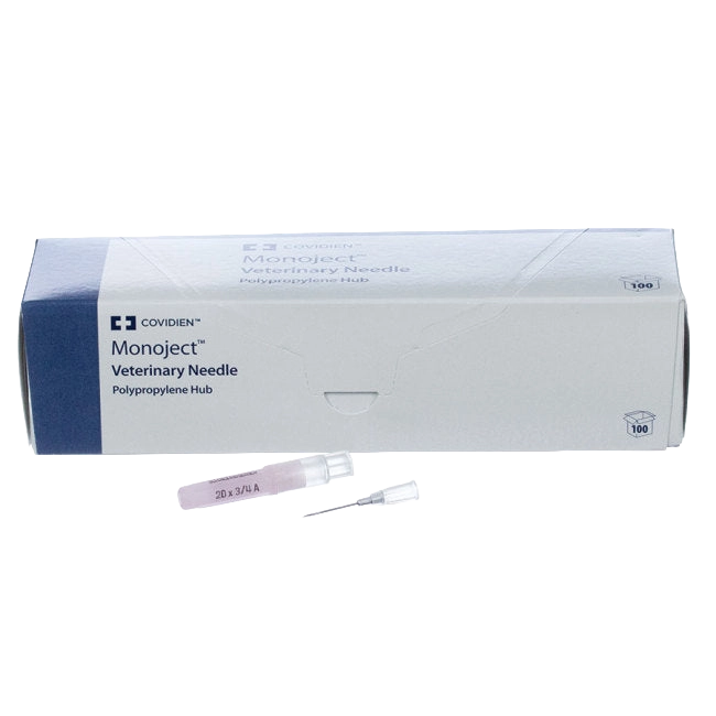 MonoJect™ Needles,"Box of needles with one capped and one uncapped needle"