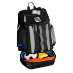 Drop Bottom Week Away Backpack,"Black backpack with open bottom compartment filled with dog toys"
