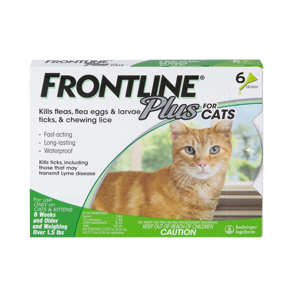 Frontline® Plus for Cats,"Front view of 6-dose cat treatment box with orange cat image"