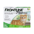 Frontline® Plus for Cats,"Front view of 6-dose cat treatment box with orange cat image"