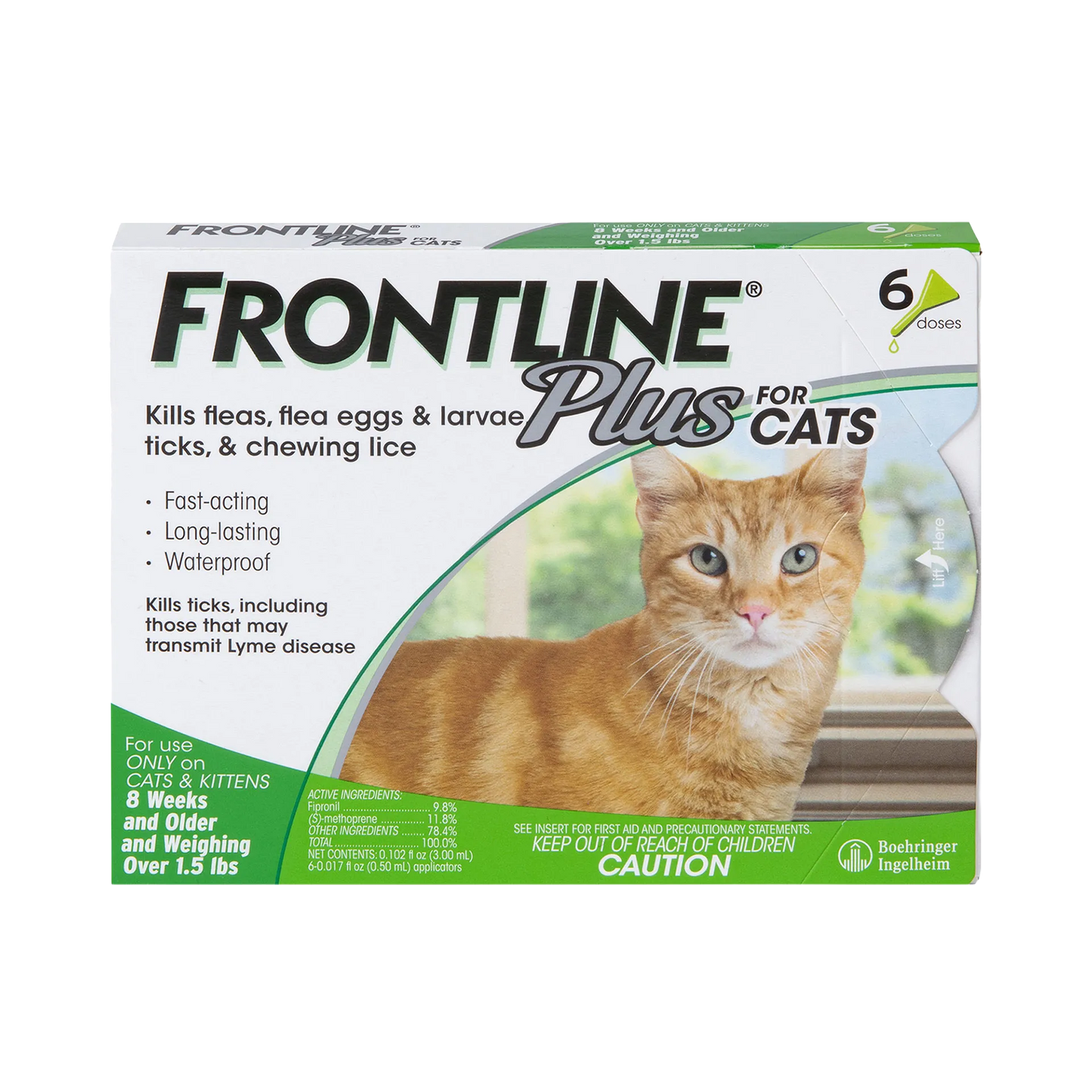 Frontline® Plus for Cats,"Front view of 6-dose cat treatment box with orange cat image"