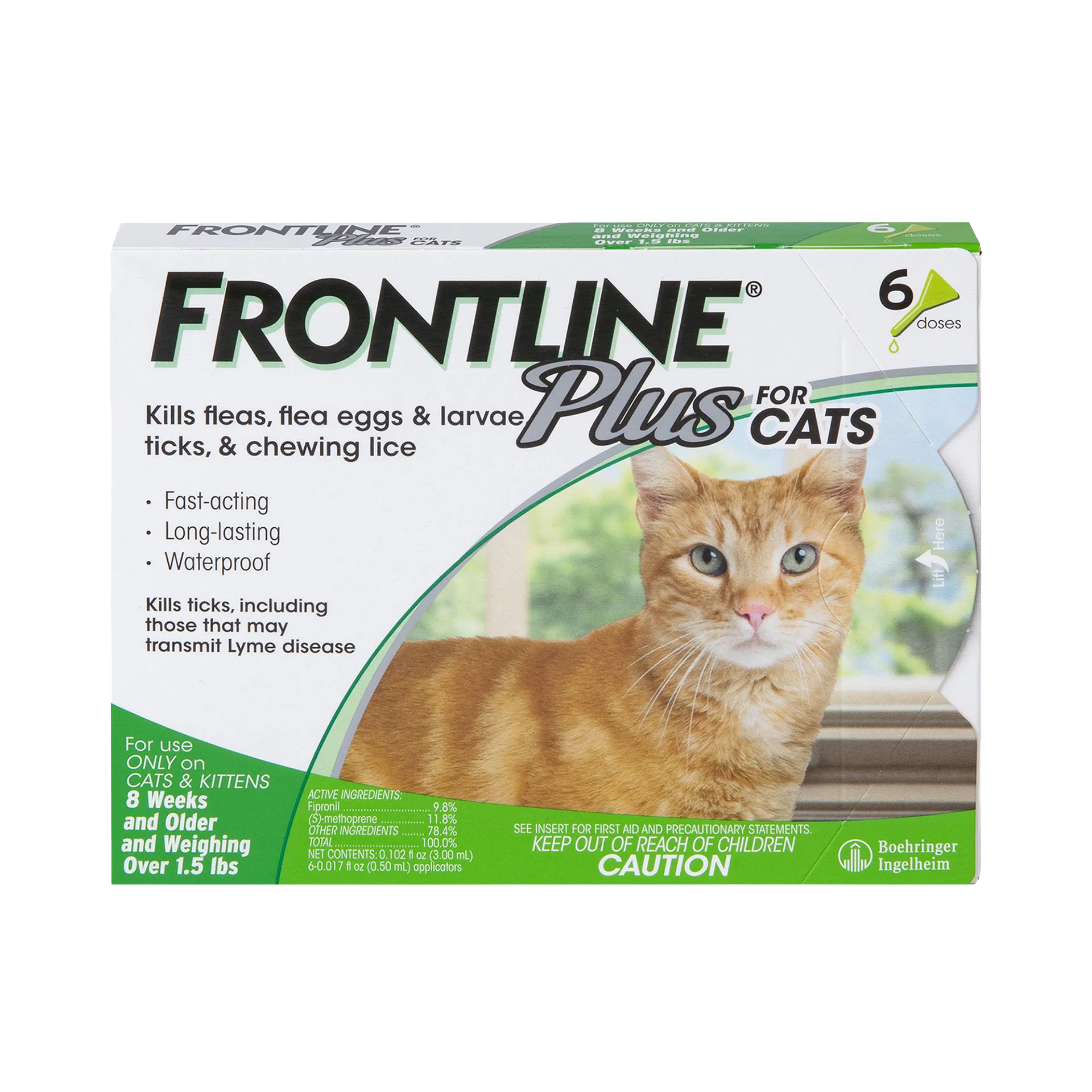Frontline® Plus for Cats,"Front view of 6-dose cat treatment box with orange cat image"