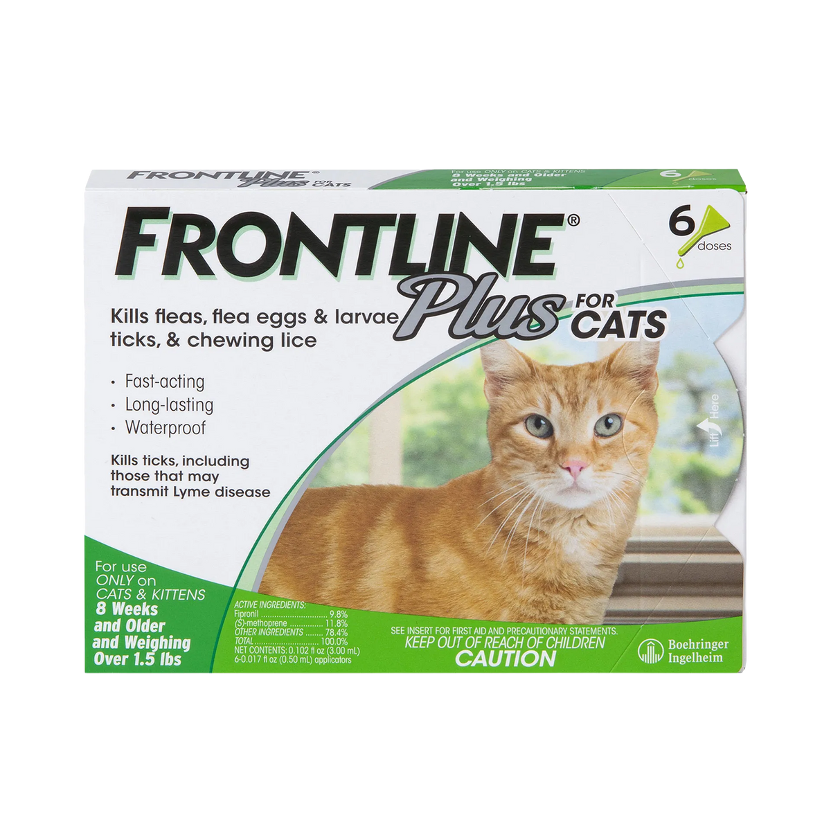 Frontline® Plus for Cats,"Front view of 6-dose cat treatment box with orange cat image"