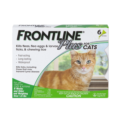 Frontline® Plus for Cats,"Front view of 6-dose cat treatment box with orange cat image"