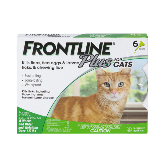 Frontline® Plus for Cats,"Front view of 6-dose cat treatment box with orange cat image"